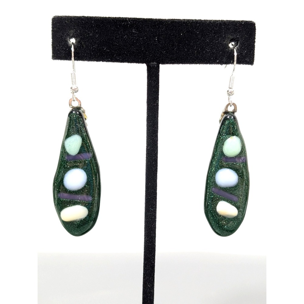 Handmade Fused Glass Green Blue Teardrop Dangle Earrings Artisan